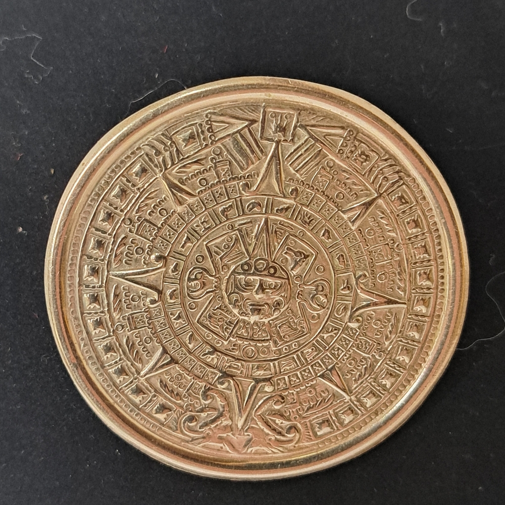 Vintage JM Mexico Sterling Silver Mayan Aztec Calendar Pendant Brooch Pin